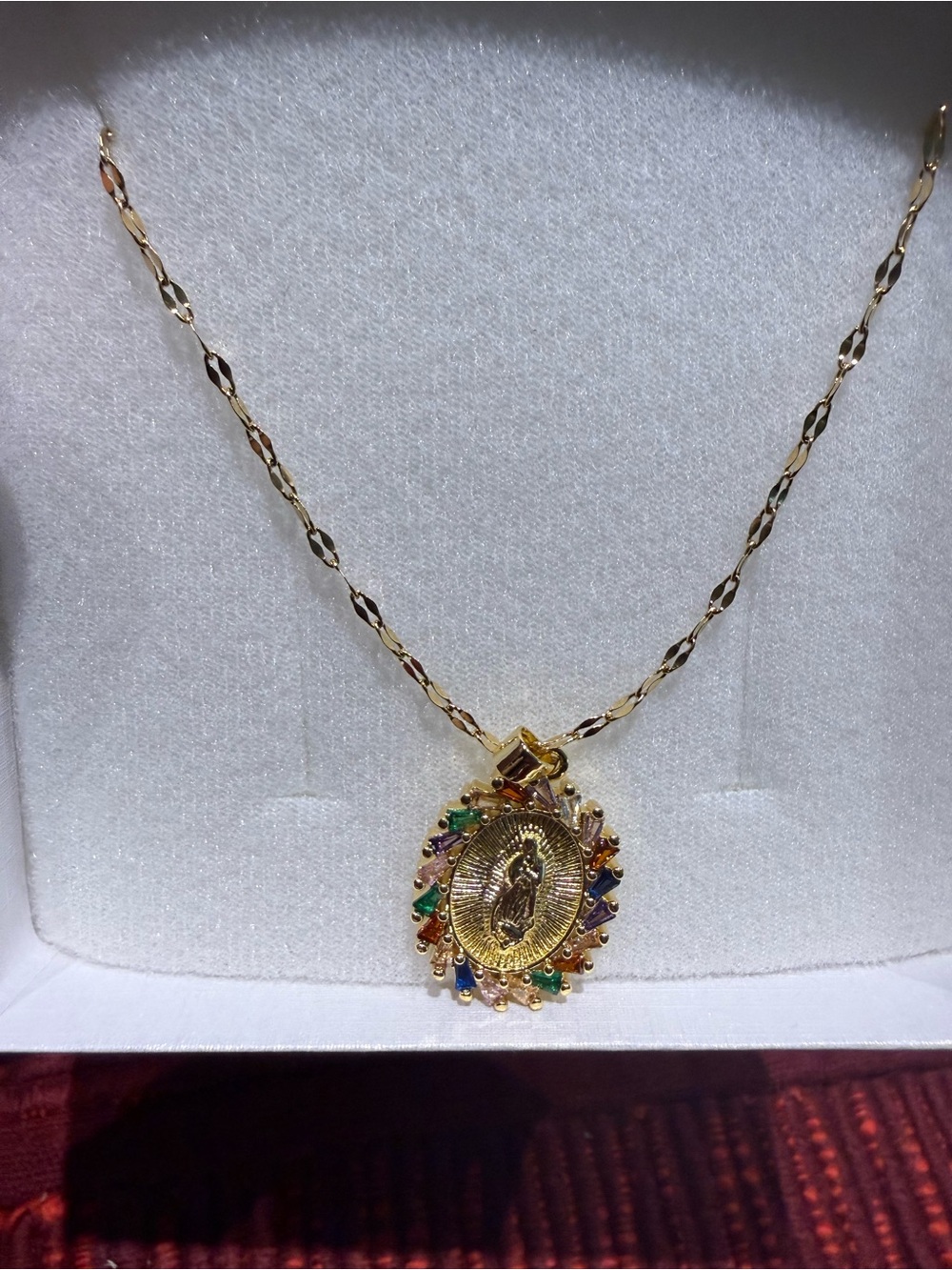 Gold Virgin Mary Multicolor Stone Pendant Necklace